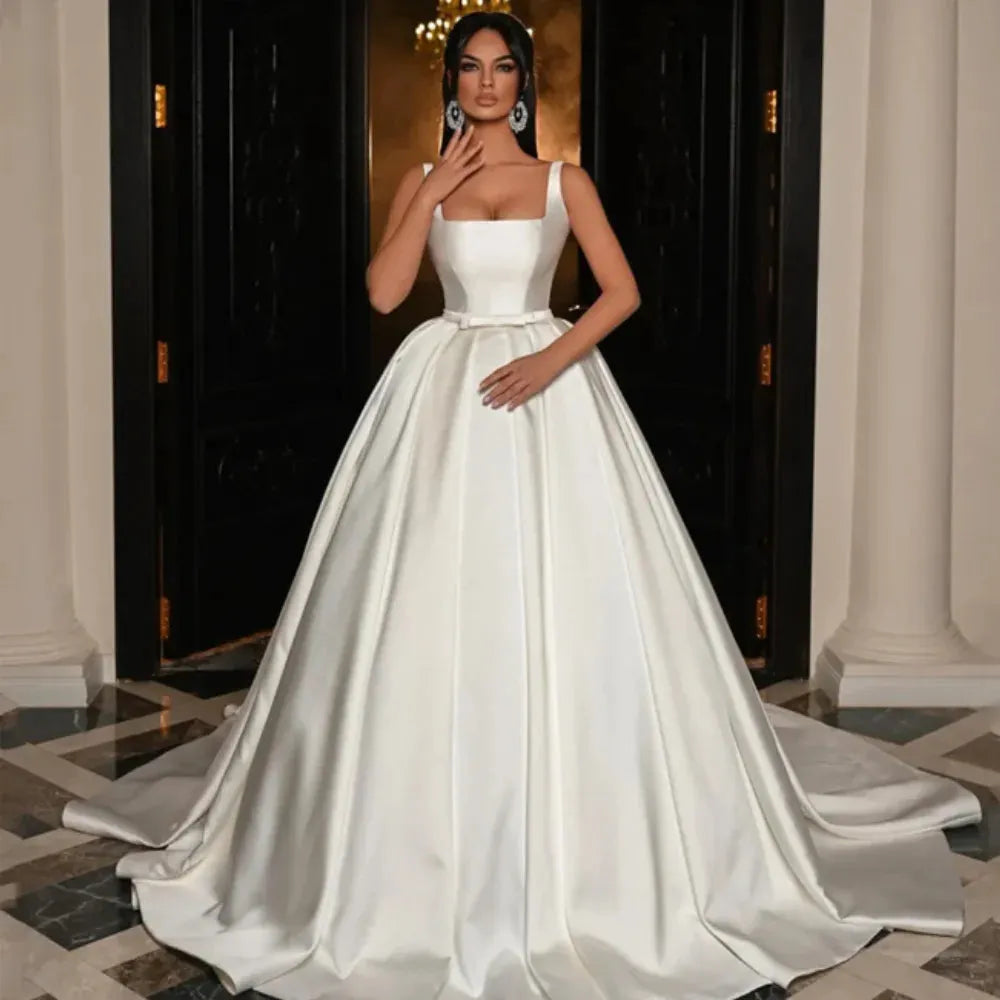 Simple Satin Wedding Dresses For Women Square Collar Neck Sleeveless Elegant Ball Gown Custom Made Vestidos De Novia 14w