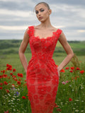 Romantic Sleeveless Red Floral Mermaid Dress for Garden Weddings Party Evening Gown