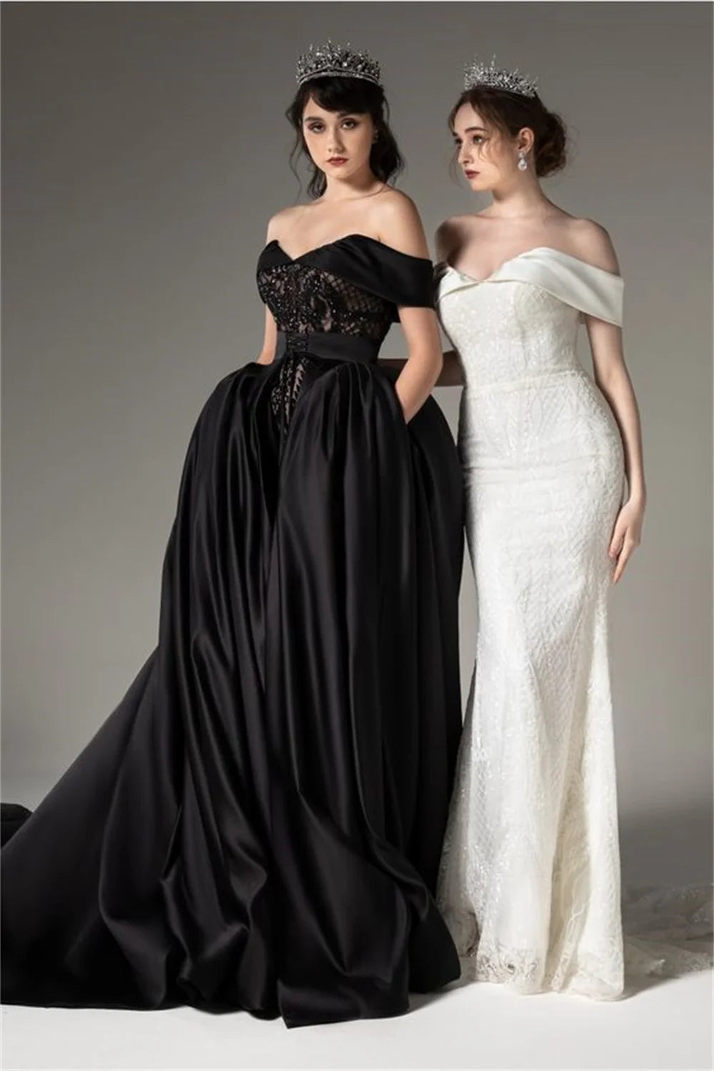 Luxury Black Off Shoulder Ball Gown Prom Dress Heart Shaped Neckline فستان حفلات الزفاف Sexy Side High Split Wedding Dress