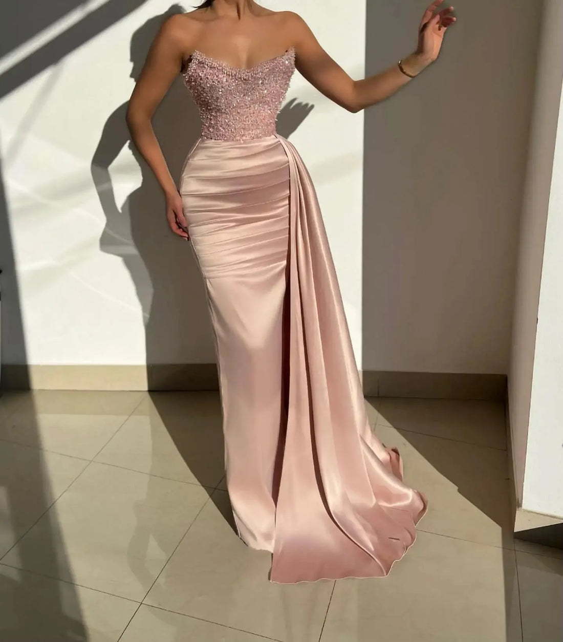 Evening Dresses Black Mermaid Long Stretchy Satin Strapless Beaded Sequined Sparkly Formal Party Evening Gowns