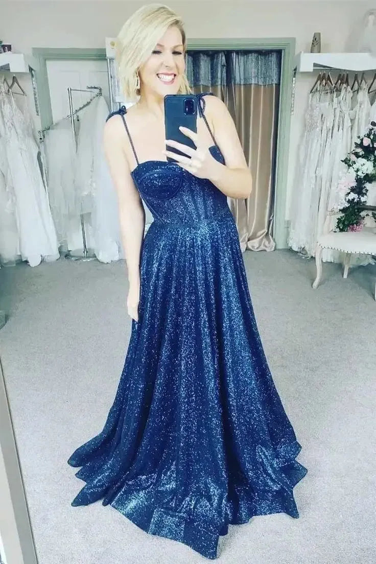 Sequined Prom Dresses Glitters Bling Sparkly Spaghetti Strap Sweetheart A Line Floor Length Formal Party Evening Gowns Elegant navy blue