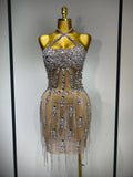 Luxury Rhinestone Evening Party Dress Women Sexy Halter See Through Mesh Luxury Birthday Gowns Nightclub Singer Stage Outfit Beige