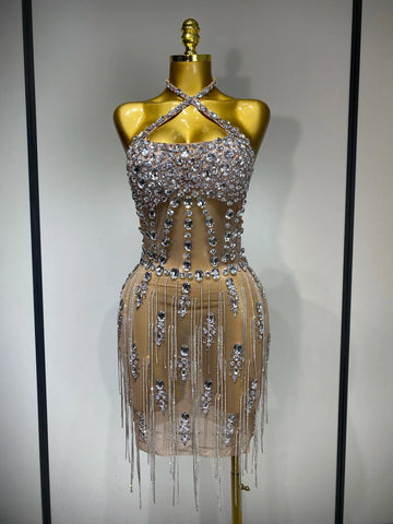 Luxury Rhinestone Evening Party Dress Women Sexy Halter See Through Mesh Luxury Birthday Gowns Nightclub Singer Stage Outfit Beige