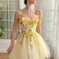 Yellow Flower Appliques Prom Dresses Spaghetti Strap Tulle Mini فساتين السهرة Lace-up Back Sweet vestidos verano moda