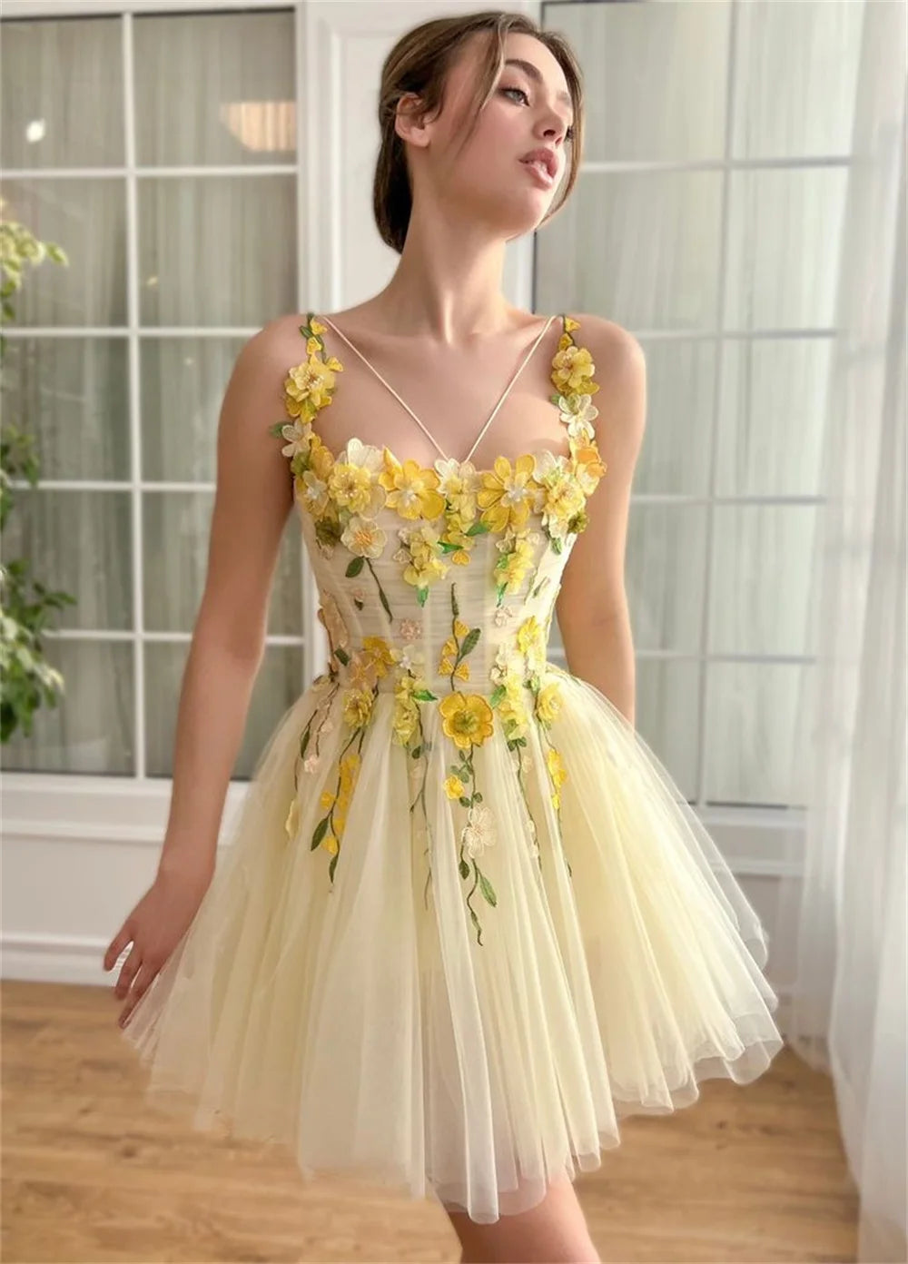 Yellow Flower Appliques Prom Dresses Spaghetti Strap Tulle Mini فساتين السهرة Lace-up Back Sweet vestidos verano moda