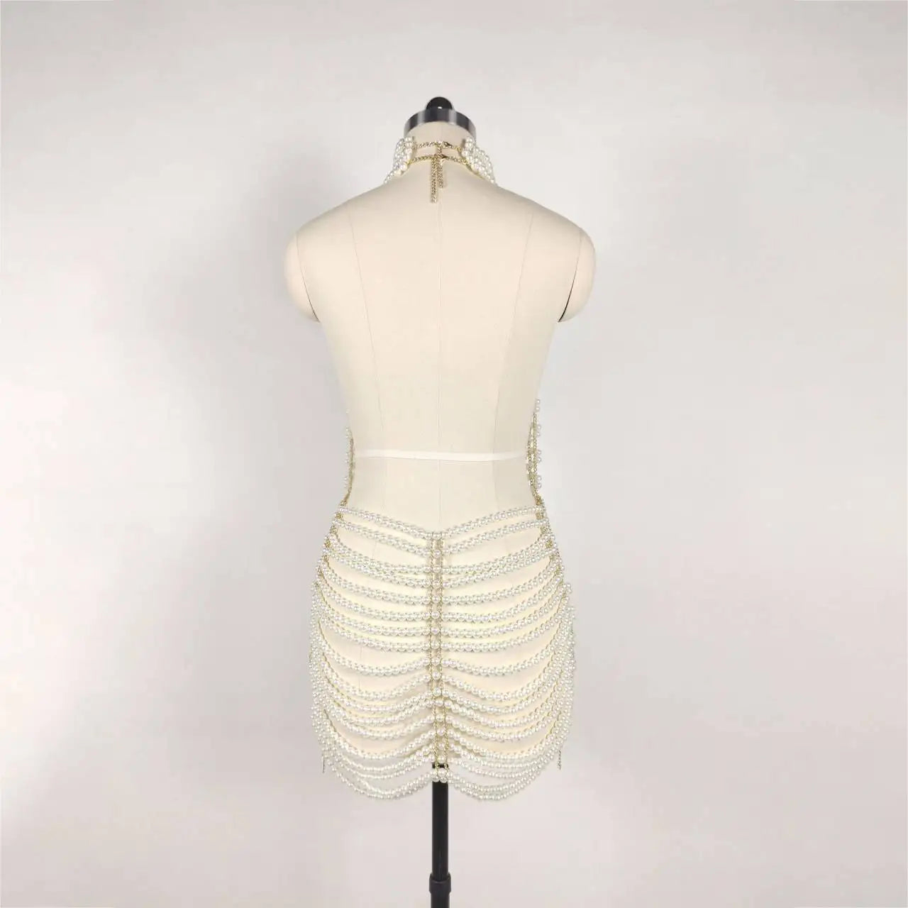 Sexy Backless Pearl Beading Hollow Out Halter Mini Evening Dress Trendiness Party Dress Stage Performance Costume