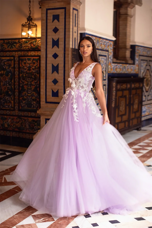 Lavanda Vestidos De Fiesta Elegantes Para Mujer Elegante encaje bordado Vestidos De graduación con cuello en V Vestidos De Noche