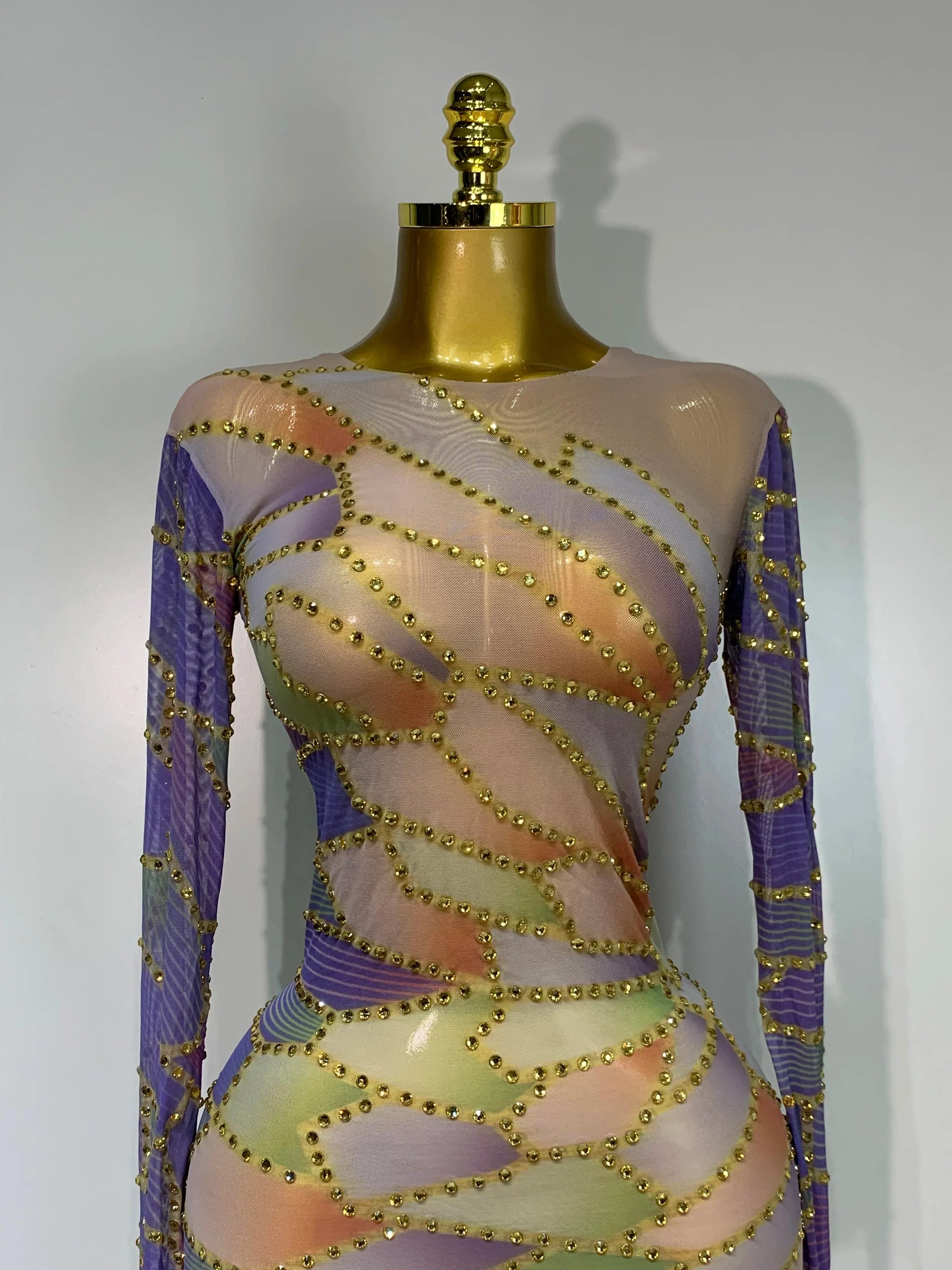 Sparkly Rhinestone Stretchy Mesh See Through Dress Women Performance Dancer Costume Luxury Birthday Nightclub Stage Outfit