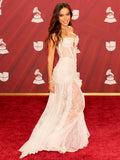 Dreamy White Strappy Corset Lace Transparent Wedding Long Dress Party Evening Gown