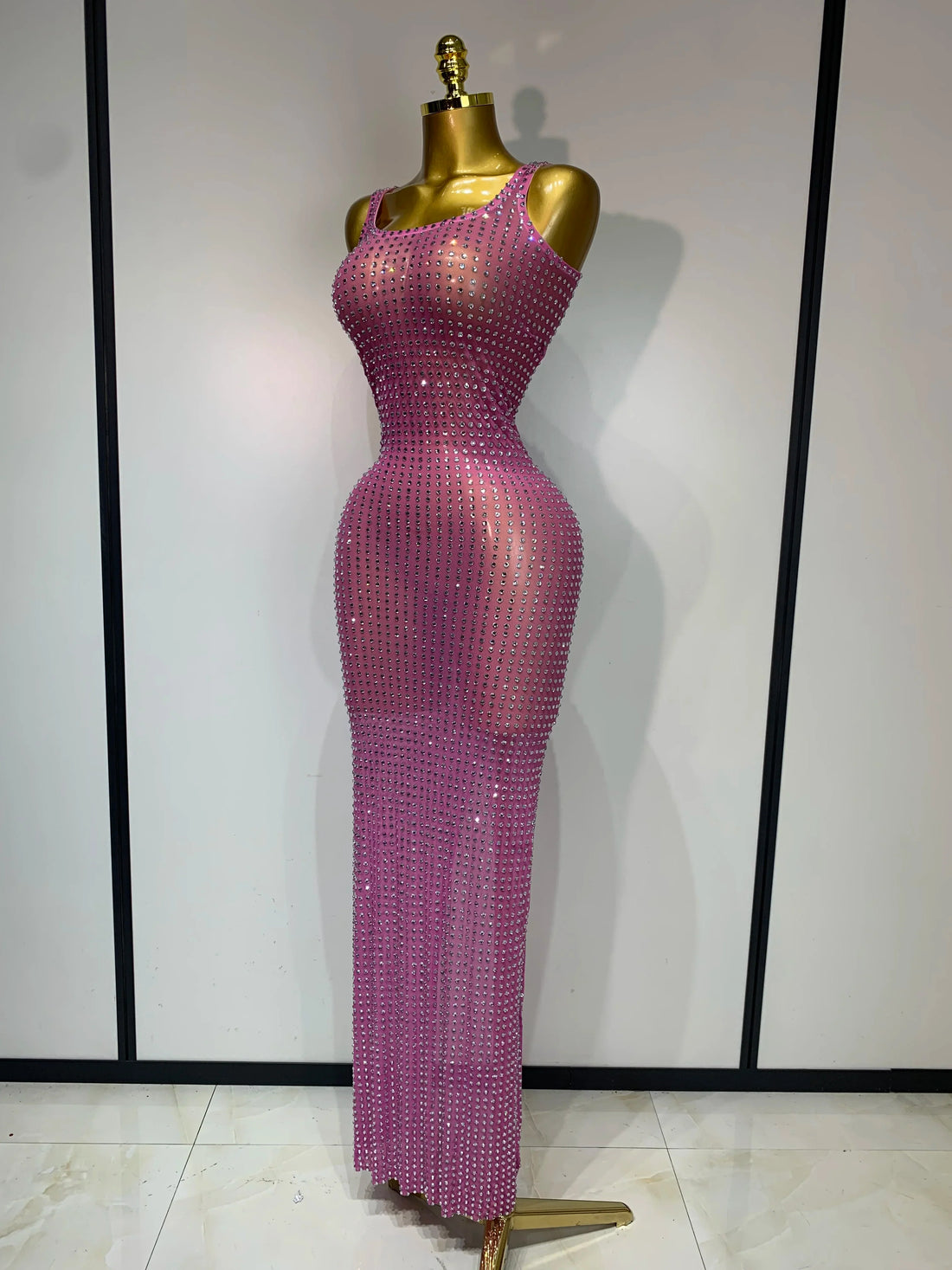 Women Sexy Mesh See Through Rhinestone Pink Long Maxi Dress Birthday Evening Party Costume Singer Stage Performance Costume Pink