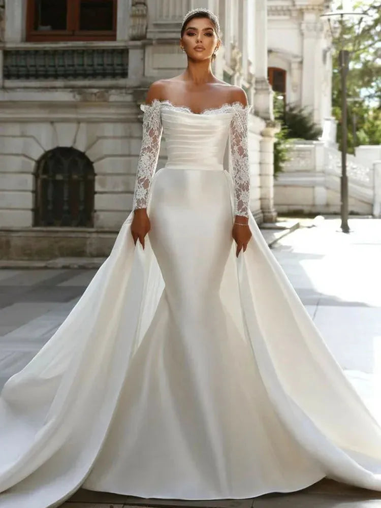 Stain Mermaid Wedding Dress With Detachable Train Lace Long Sleeve Bridal Dresses Vestido de novia Ivory 26w