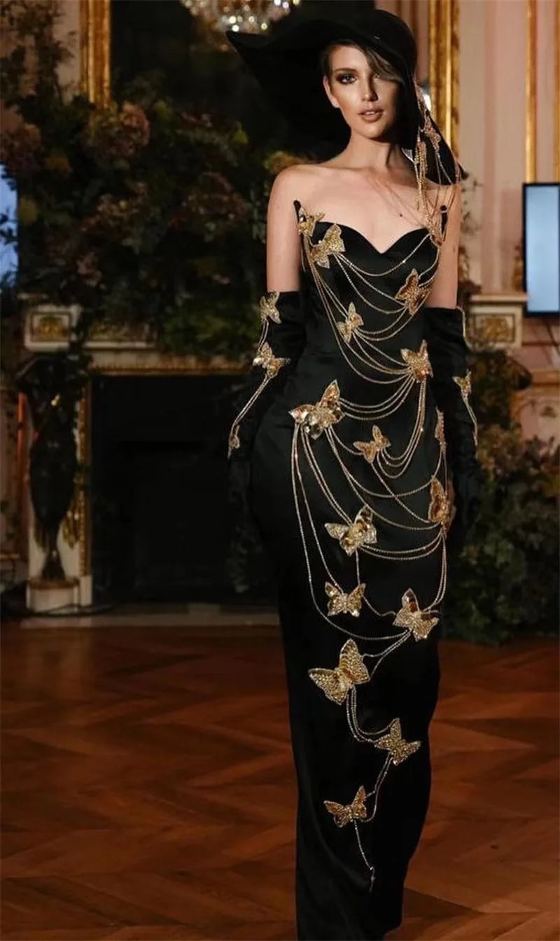 Fashionable Gloves Gold Shining Diamond Butterfly Strapless Black Long Dress Celebrity Luxury Evening Dress Performance costume