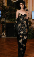 Fashionable Gloves Gold Shining Diamond Butterfly Strapless Black Long Dress Celebrity Luxury Evening Dress Performance costume