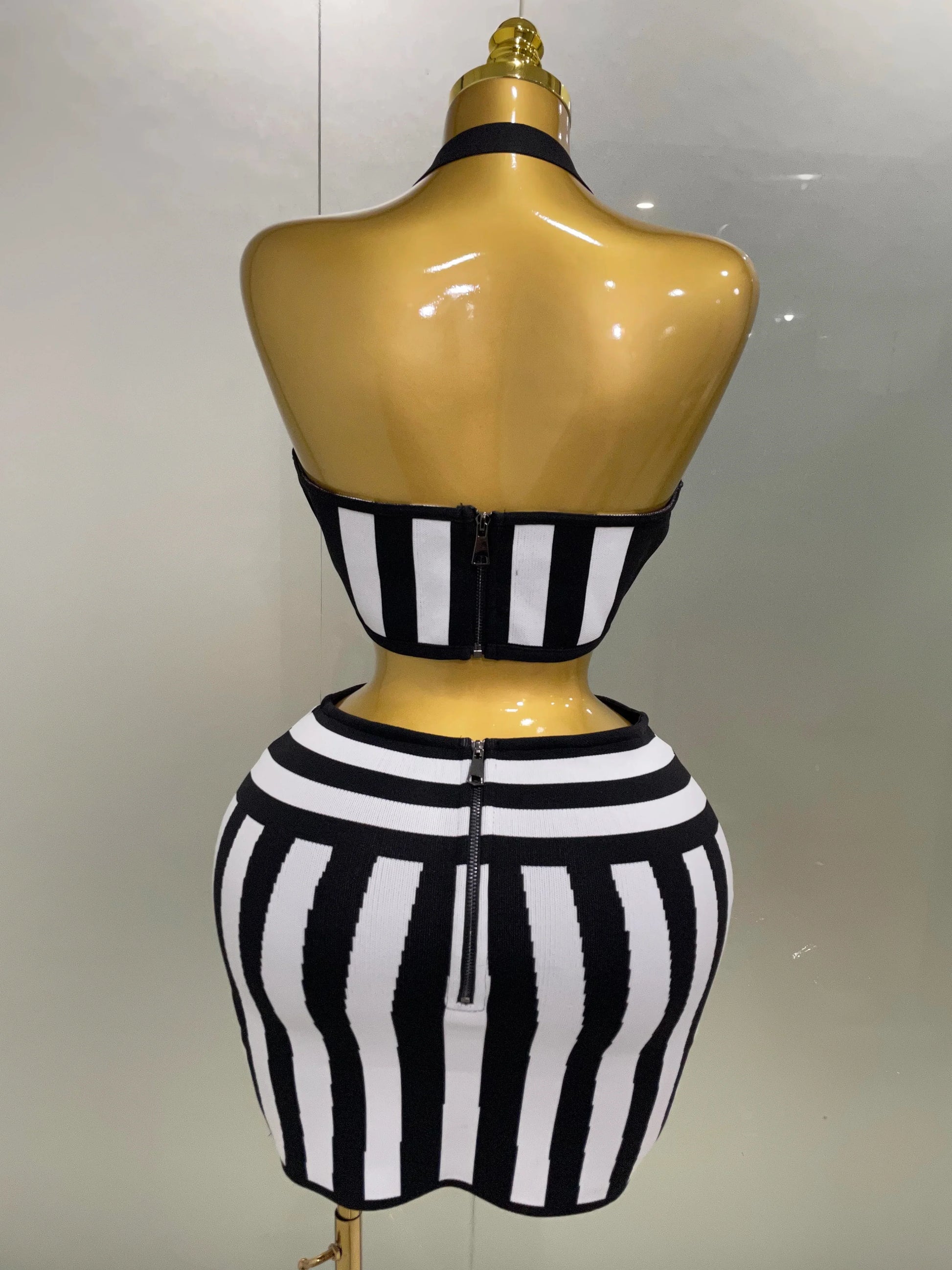 Women Celebrity Sexy Jacquard Black White Two Piece Bodycon Striped Bandage Skirt Set Designer Evening Party Dress