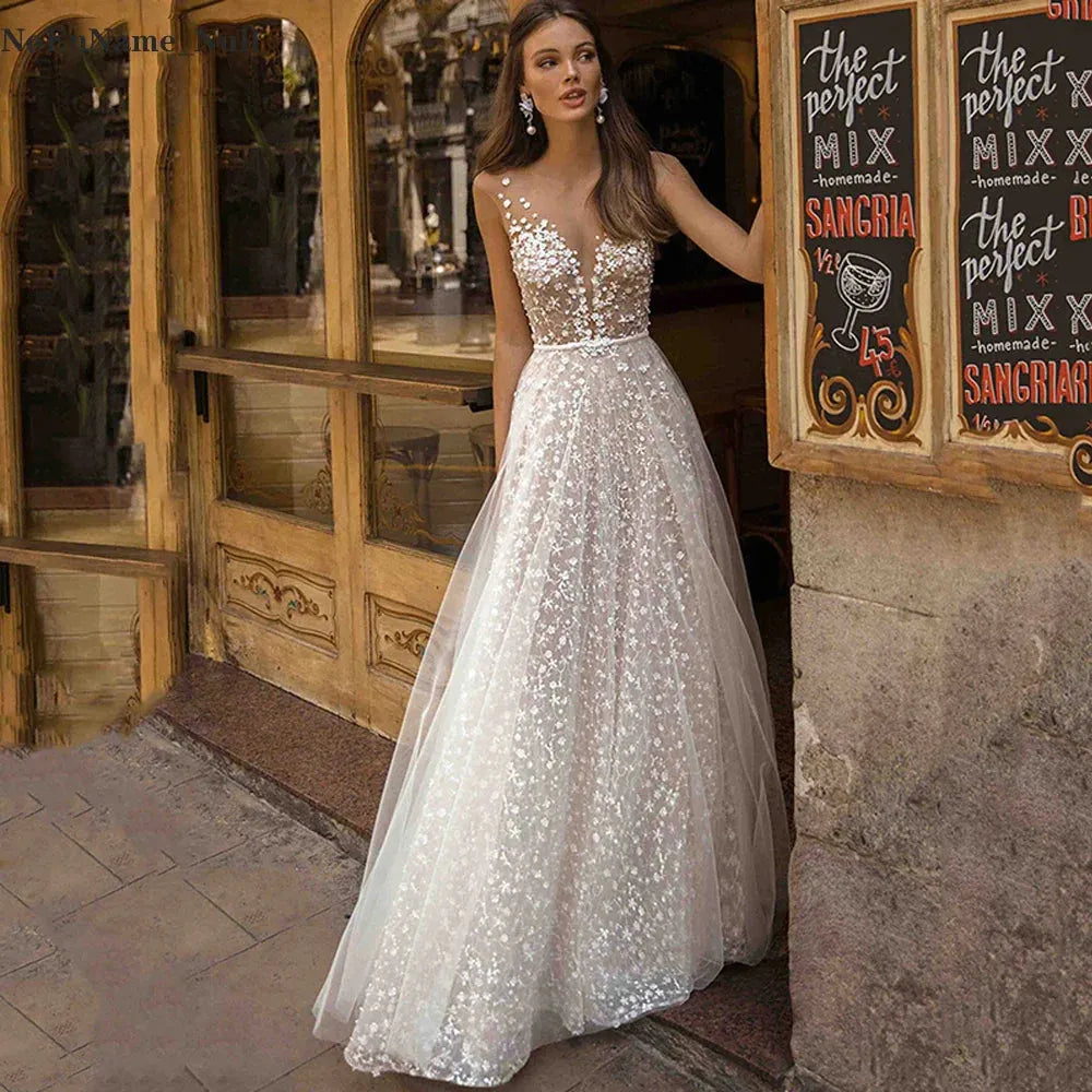 A-Line Lace Wedding Dresses Women's Deep V Neck Beach Wedding Dresses Boho Floor Length Glamorous Plus Size Bridal Dresses Ivory 14w Boho