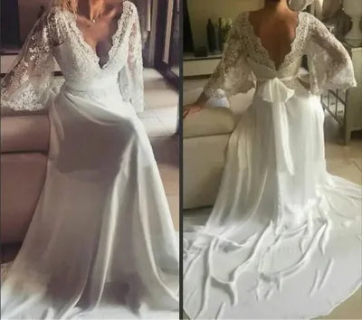 Vintage Modest Beach Wedding Dresses with Long Sleeves Bohemian Lace Chiffon Wedding Gowns Country Bridal Wedding Dress 14w