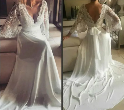 Vintage Modest Beach Wedding Dresses with Long Sleeves Bohemian Lace Chiffon Wedding Gowns Country Bridal Wedding Dress