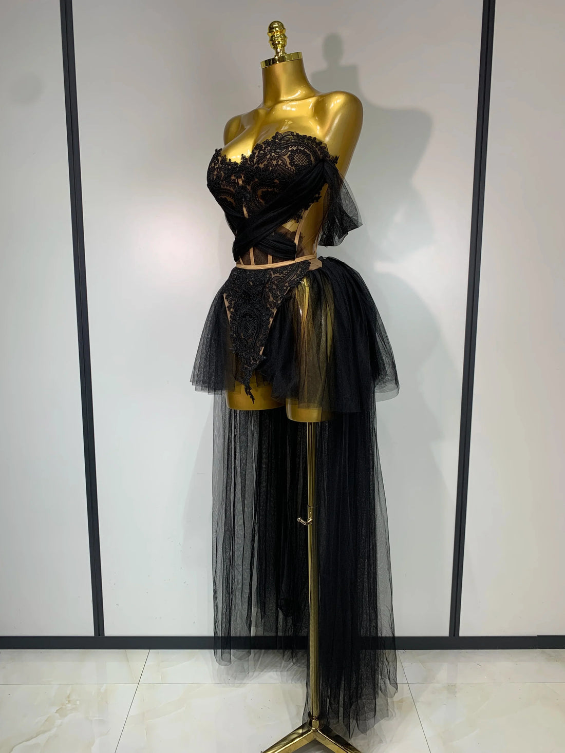 Sexy Cute Mesh Tops Skirt 2 PCS Set Women Celebrate Party Birthday Nightclub Performance Stage Show Outfit black