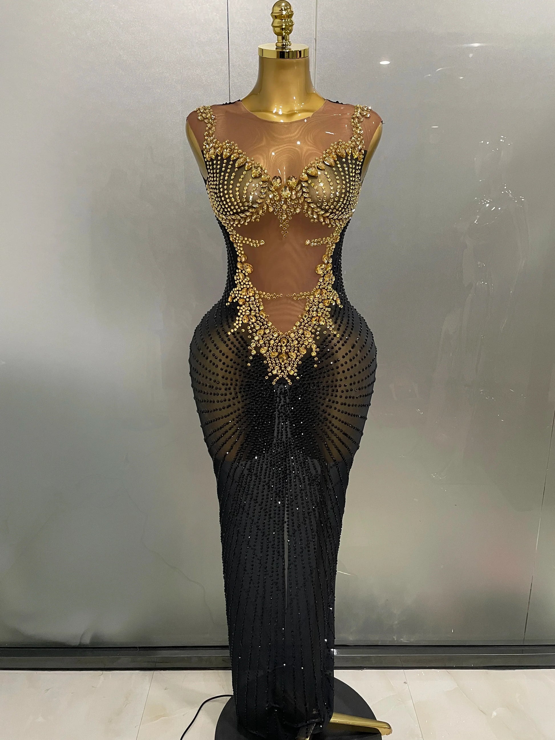 Sexy Sparkly Rhinestones Sleeveless Long Dress Women Birthday Celebrate Evening Photo Shoot Stage Performance Costume black