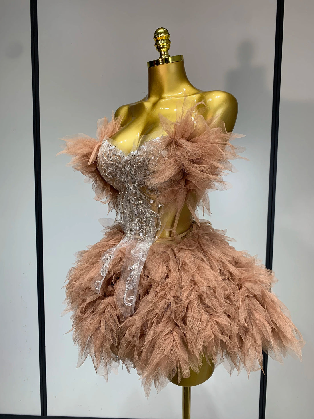 Women Sexy Strapless Two Pieces Set Prom Gown Mini Dress Celebrate Nightclub Party Performance Costume Singer Stage Wear Light Brown