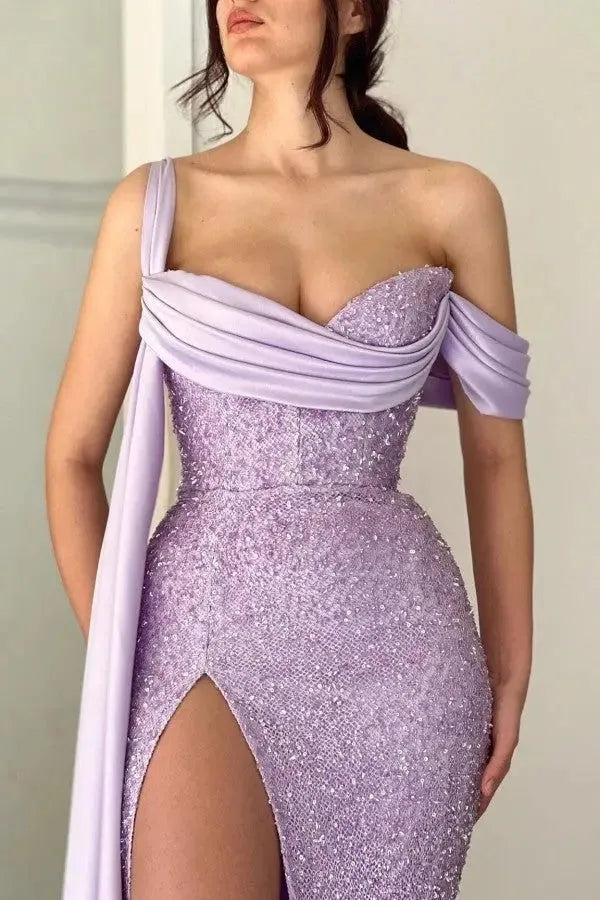 Lilac Evening Dresses Sequined Sparkly One Shoulder Sweetheart Mermaid Long Formal Party Evening Gowns Custom made lilac