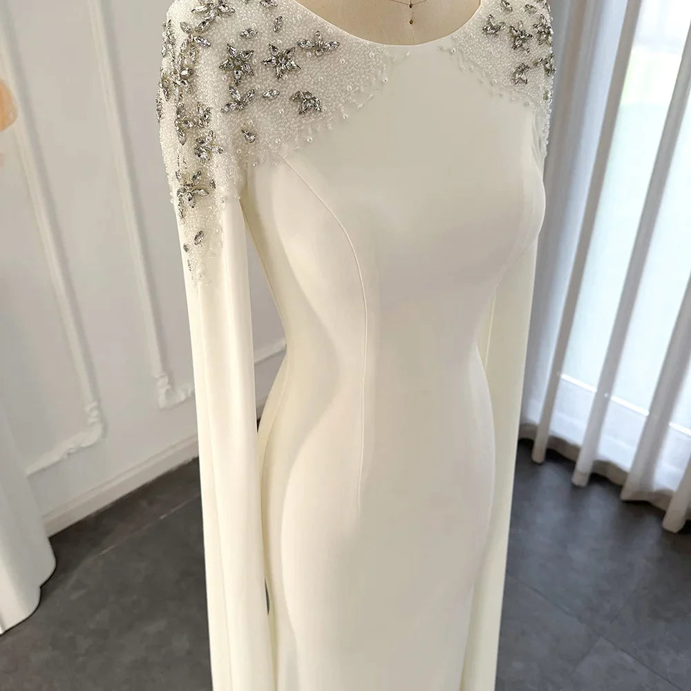 Robe de soirée sirène blanche élégante, dubaï, pour femmes, manches Cape, fête de mariage, musulmane, longues robes formelles 