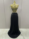 Gold Color Sexy Laced-up Tops 2 Pieces Set Long Dress Women Celebrate Evening Party Celebrity Elegant Dress
