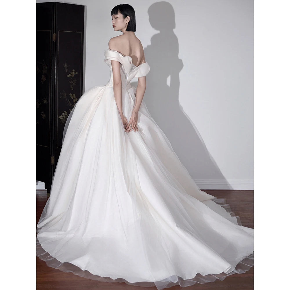 Mewah Prancis Putih Satin Trailing Pengantin Pengantin Sexy off Shoulder Backless Ball Gown Wedding Evening Prom Wanita Gaun Wanita