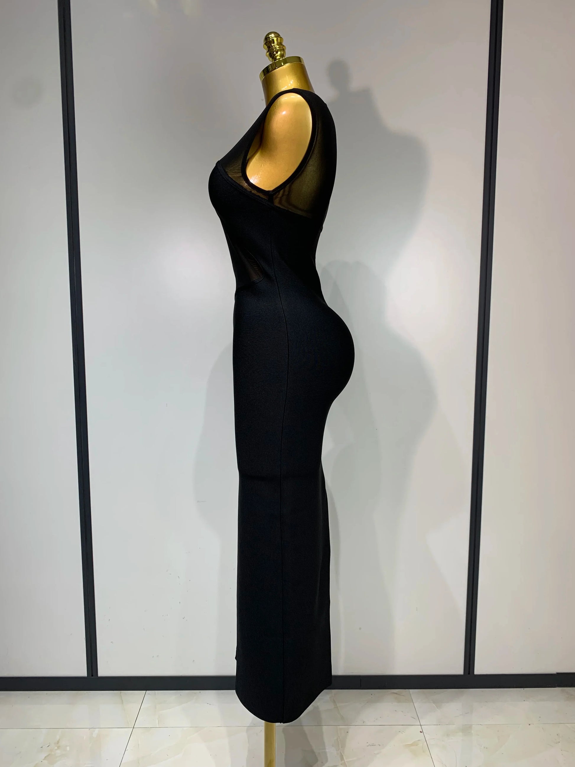 Women Sexy Mesh Patchwork Bandage Round Neck Sleeveless Bandage Dress Celebrity Elegant Evening Party Dress Club Wedding Gown