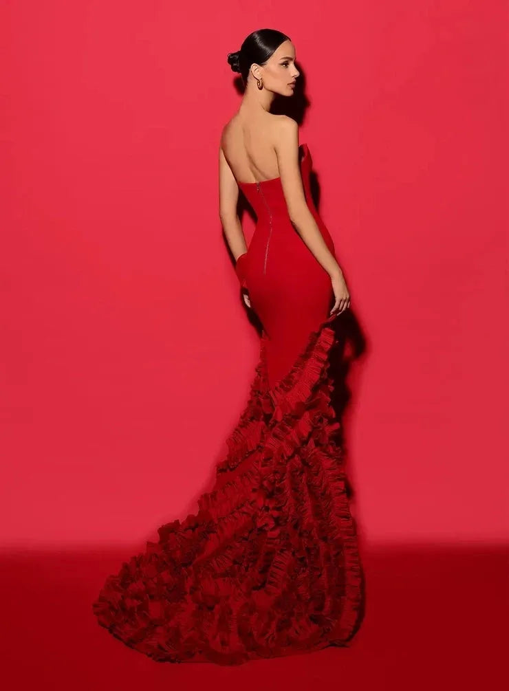 Red Strapless Asymmetric Evening Dresses with Ruffled Sweep Train Stretch Satin Tiered Mermaid Prom Dress Formal Gown Red