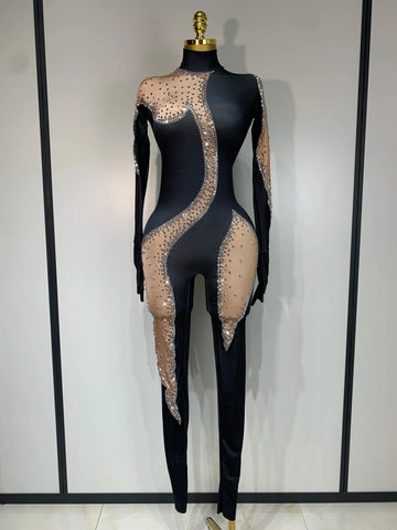 Fashion Sparkly Rhinestone Bodycon Bodysuit Female Singer Dancer Stage Perform Outfit Luxury Birthday Club Drag Queen Costume black