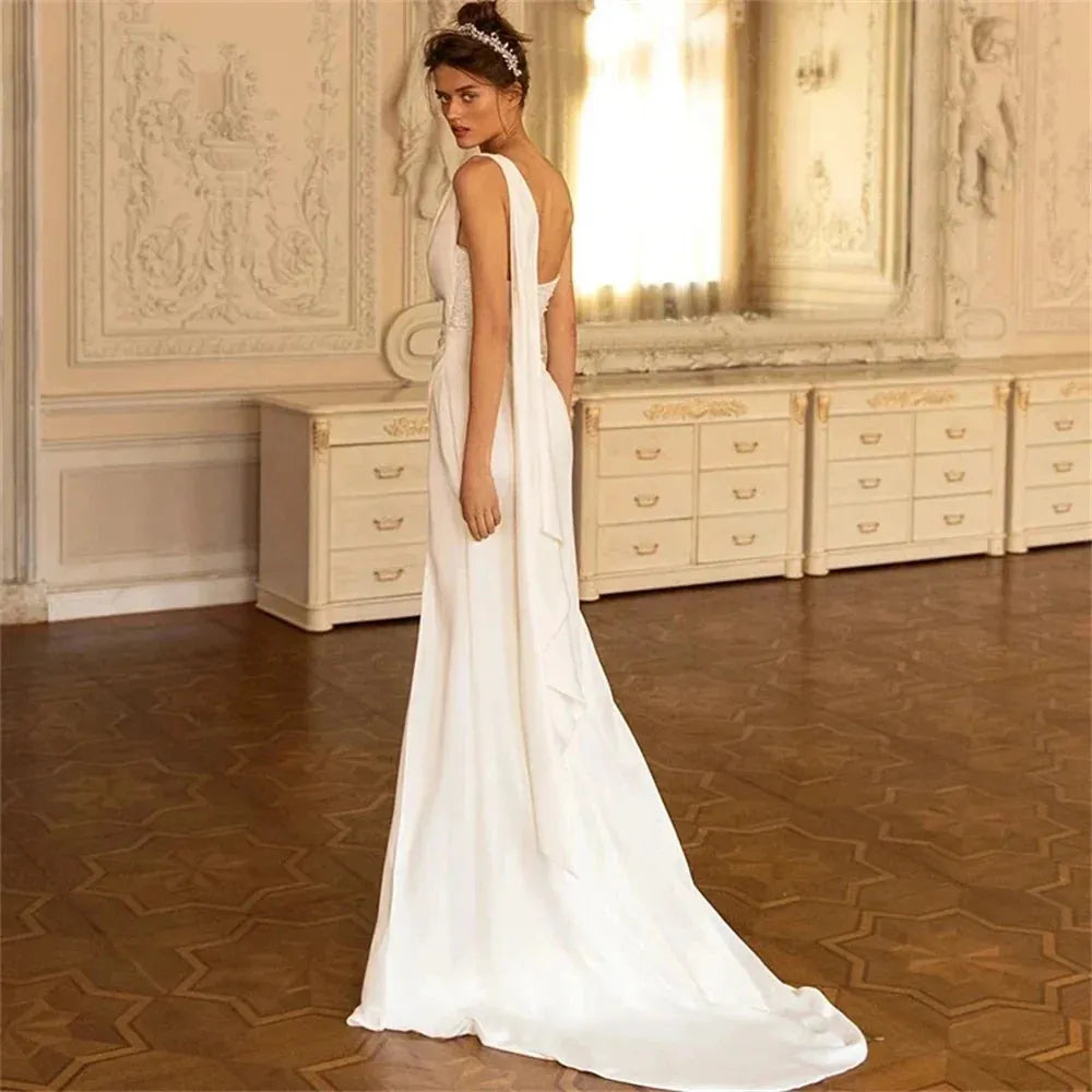 Beach Satin Elegant Wedding Dress Women Strapless Square Collar One Shoulder Bridal Gowns Backless Robes Side Slit Vestidos White 20w