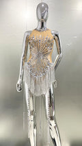 Sliver Sequins Shining Diamonds Long Tassel Sleeveless Mini Dress Evening Dress Woman Birthday Party Outfit