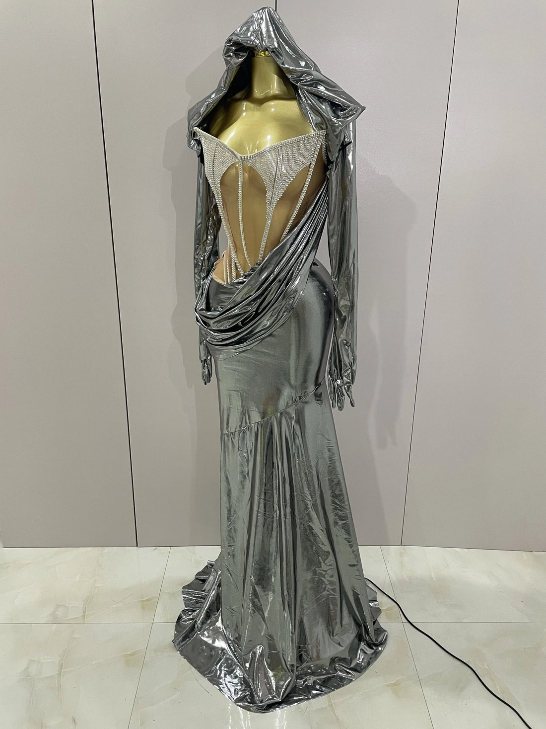 Stage Costume Sparkly Nightclub Gogo Party Dress Women Carnival Party Outfit Festival Cool Clothing Hoodie Dress Two Piece Set Silver