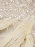 Nude Strapless Crystals Embellished Long Dress Sheath Low V Neck Sleeveless Feather High Side Slit Floor Length Evening Gown