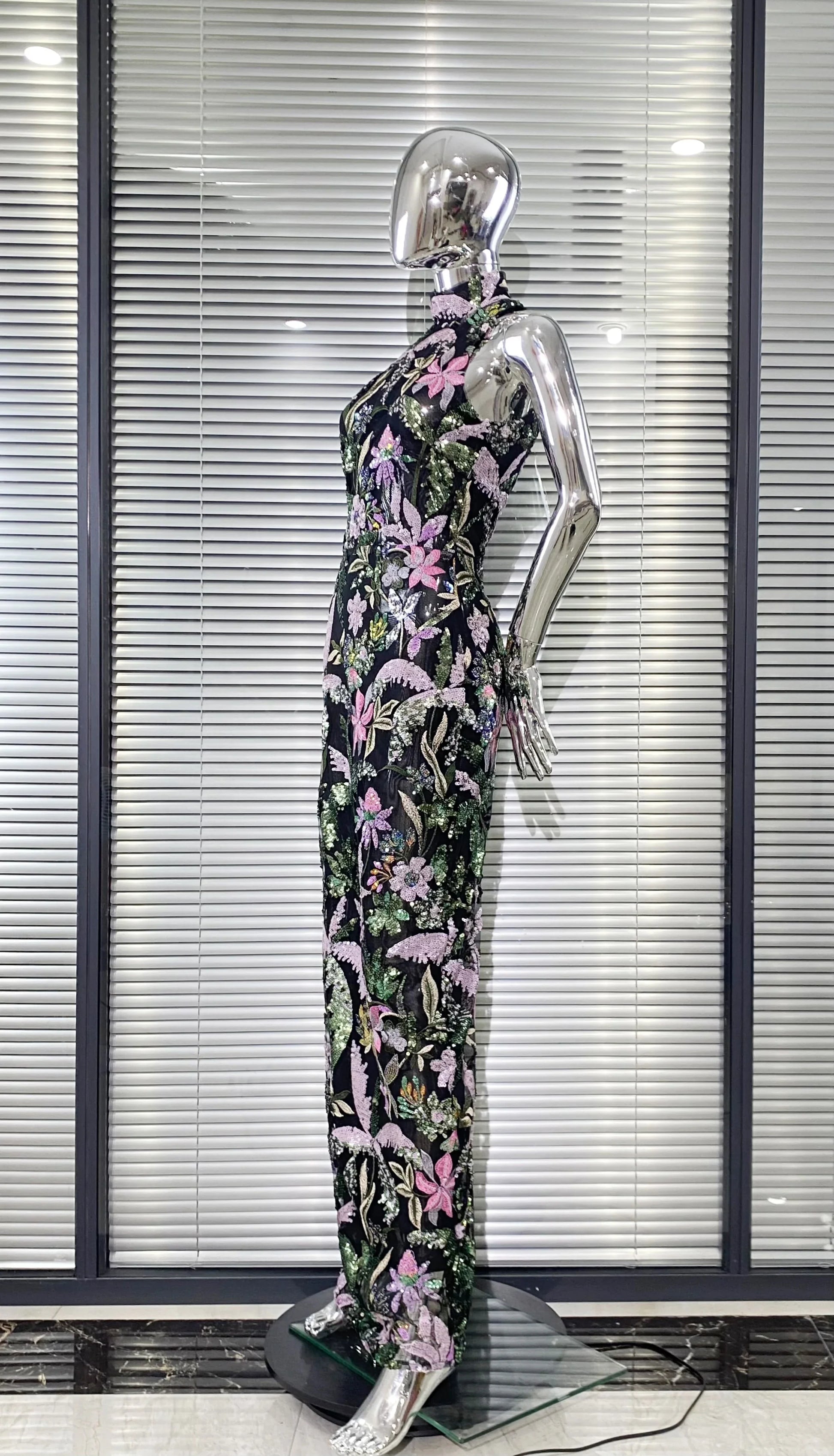 Sequin Flowers Embroidery O-Neck Sleeveless Sheath Ankle Length Dress Gracful Woman Evening Dress Celebrity Party Outfit