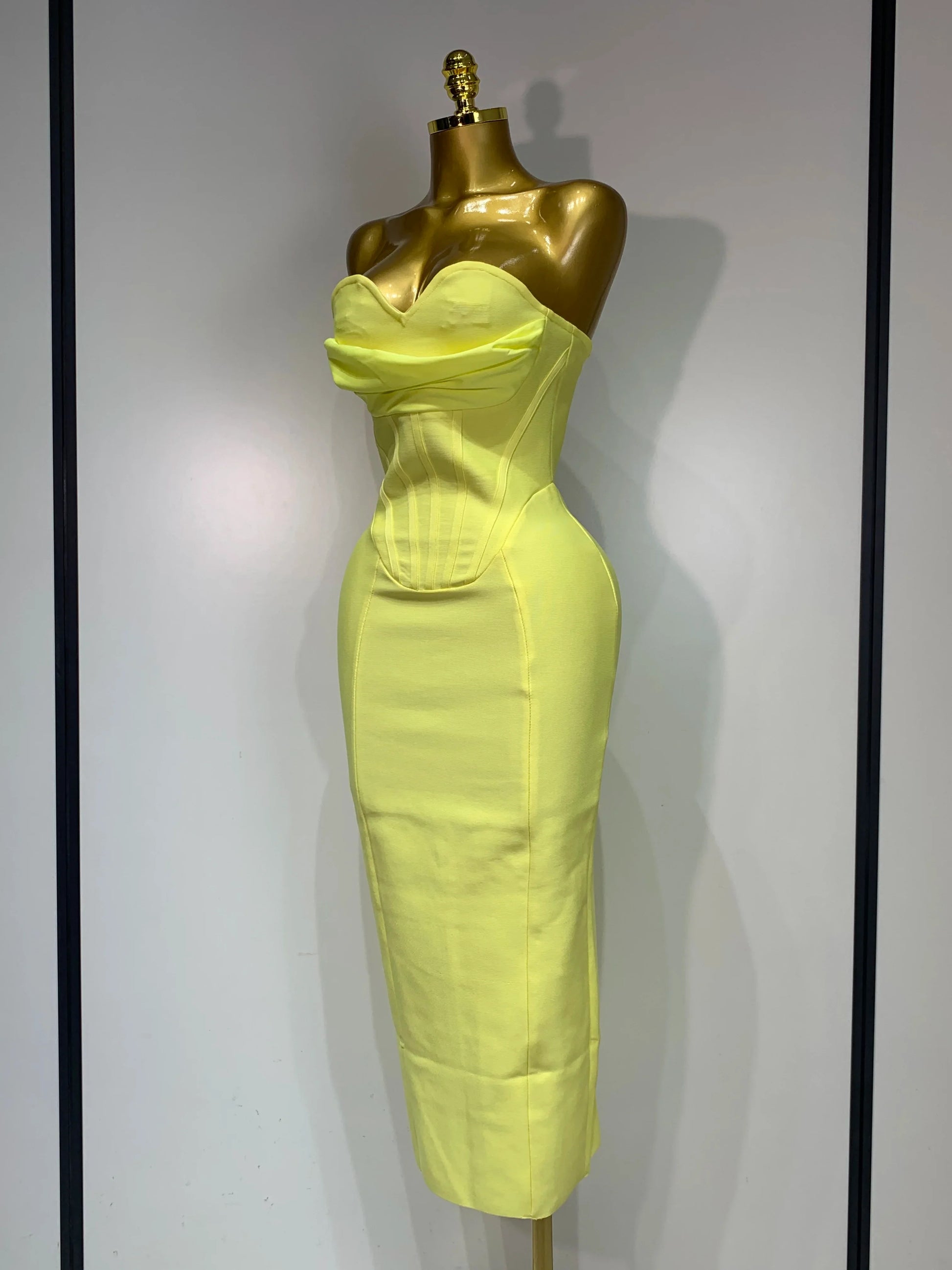 Newest Women Strapless Sexy Yellow Stretch Bodycon Bandage Dress Elegant Evening Party Luxury Birthday Celebrity Prom Gown