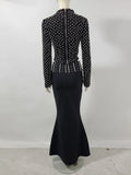 Women Long Sleeve Sexy Beading Tops 2 Pieces Bodycon Bandage Skirt Set Elegant Evening Party Celebrate Outfit