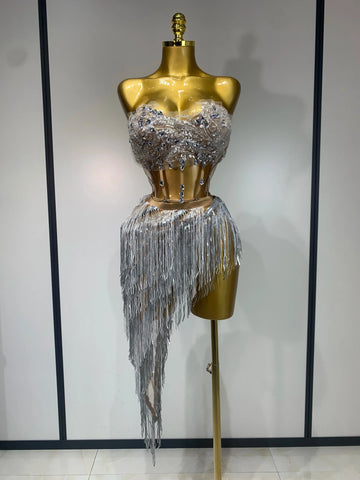 Women Sexy Singer Dancer Performan Costume Nightclub Bar Girl Sparkly Diamond Tassel Two Piece Set Evening Party Birthday Outfit Silver