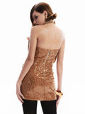 Stunning Strapless Sleeveless Brown Bodycon Mini Dress with Sequin Rose Detail for a Party
