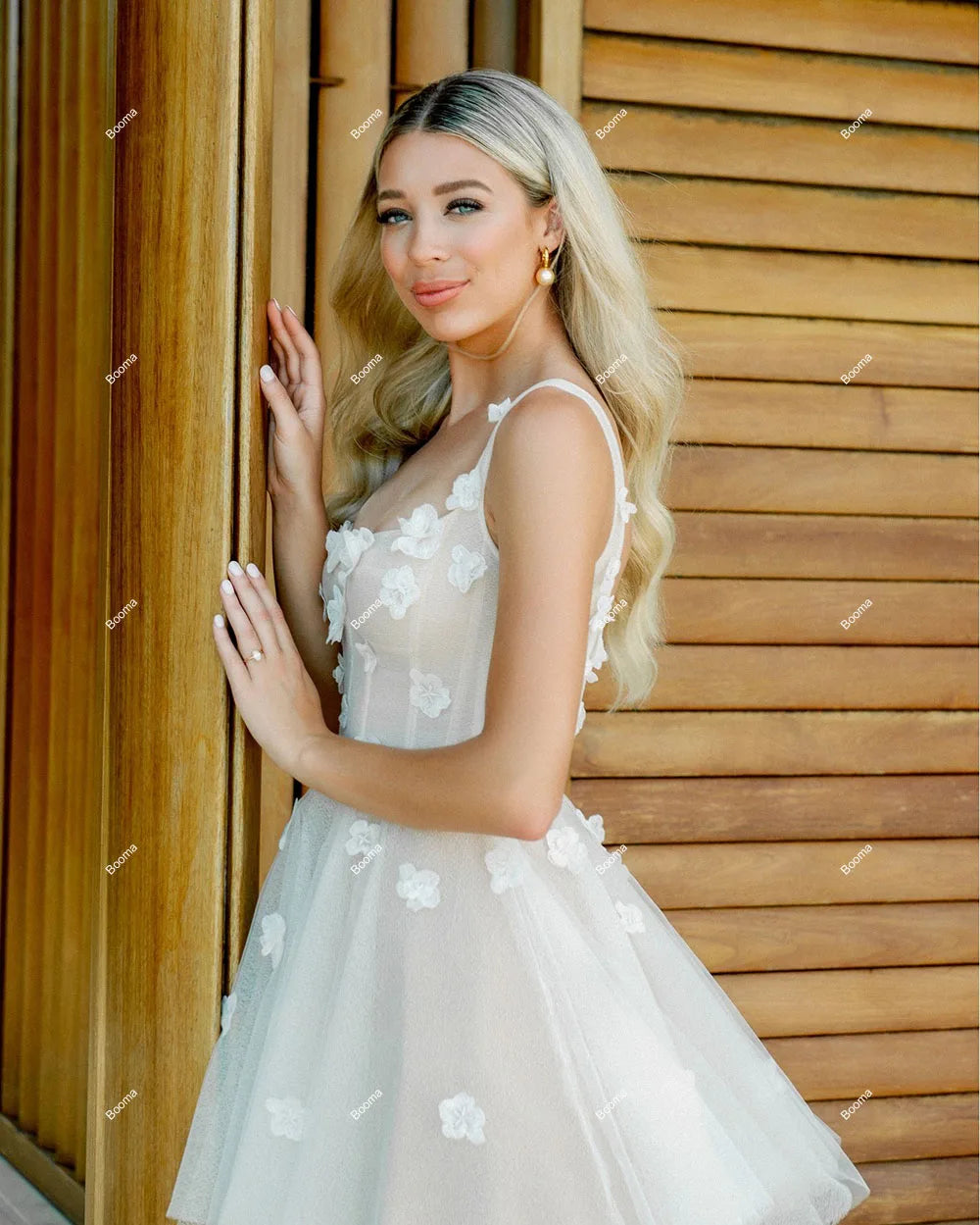 A-Line Short Wedding Dresses 3D Bunga Lengan Tulle Brides Gaun Pesta untuk Wanita Gaun Koktail Vestidos Novias Boda