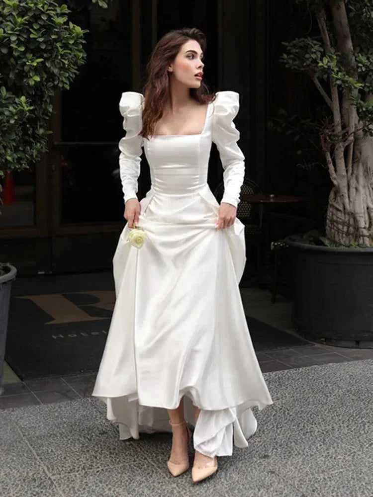 Satin Princess Wedding Dress A Line Square Neck Bride Dresses Long Sleeve Lace Up Back Party Gowns Ivory 26w Satin