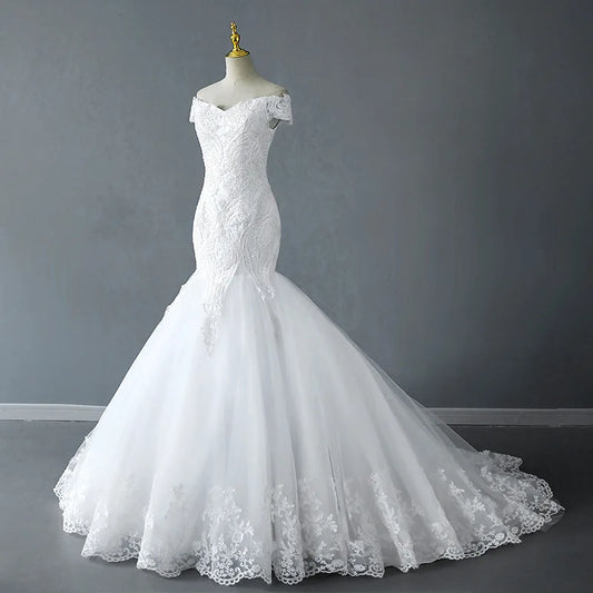 Neue Boho Brautkleider von Schulter Meerjungfrau Hochzeitskleid Luxus Spitzen Trompete Kleid Real Photo Vestido de Noiva