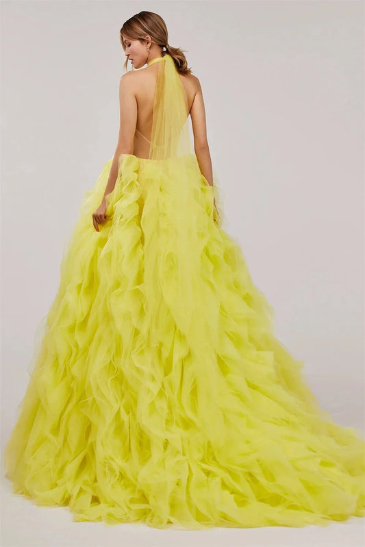 Light Yellow Prom Dresses Halter Neck Tulle Ball Gown فساتين السهرة Elegant Sleeveless Floor-Length vestidos verano moda