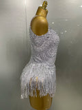 Sparkly Silver Rhinestones Pearl Tassels Bodysuit Women Sexy Eveing Birthday Party Nightclub Stage Performance Costume