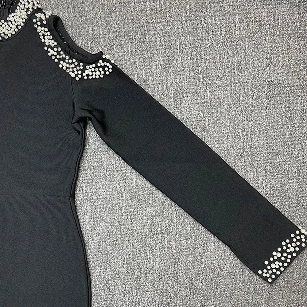 Sexy Women'S Light Luxury Crystal Pearl Design Bandage Dress O-Neck Off Shoulder Long Sleeved Bodycon Christmas Long Dress