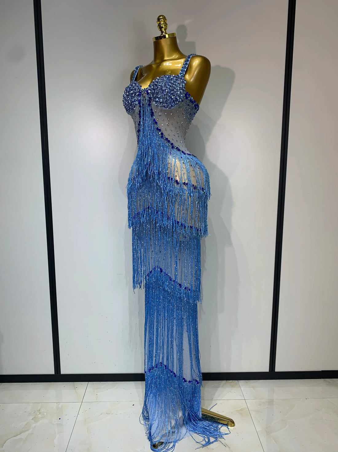 Sparkly Rhinestones Fringes Maxi Long Dress Women Sexy Transparent Elagant Evening Party Birthday Dress Photo Shoot Outfit SKY BLUE
