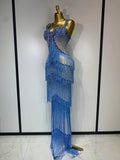 Sparkly Rhinestones Fringes Maxi Long Dress Women Sexy Transparent Elagant Evening Party Birthday Dress Photo Shoot Outfit