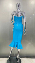 Blue Color Woman Bandage Set Shining Diamonds Strapless Top And Mid Calf Mermaid Skirt 2 Piece Set Cocktail Party Outfit