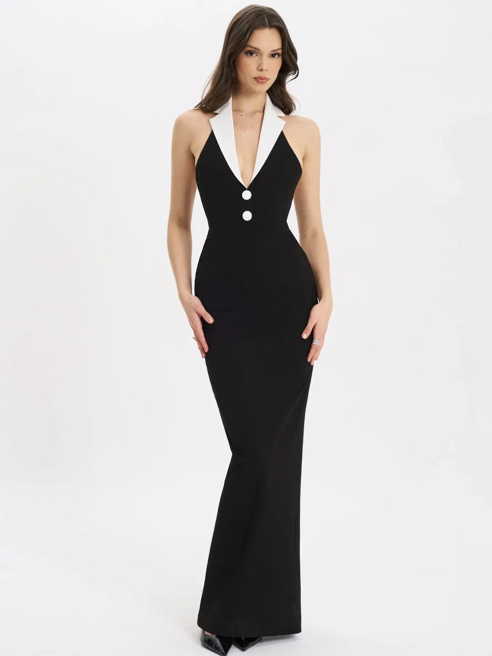 Sexy Lapel Halter Neck Bandage Long Formal Dress For Women Fashion Sleeveless Backless Shiny Robe Bnaquet Street Party Vestido